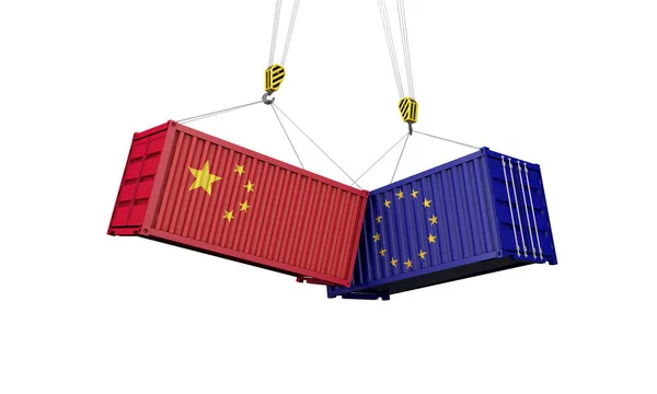 China and europe trade war concept. Clashing cargo containers. 3D Render