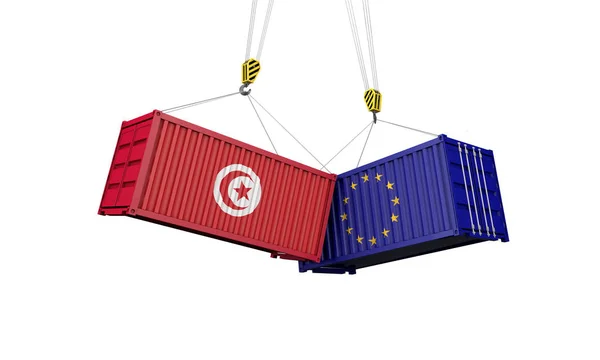 Tunézia és Európa kereskedelmi háborús koncepciója. A rakomány konténerek csapkodás. 3D-leképezés — Stock Fotó