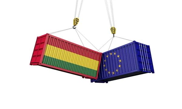 Bolívia e Europa conceito de guerra comercial. Confronto com contentores. Renderização 3D — Fotografia de Stock