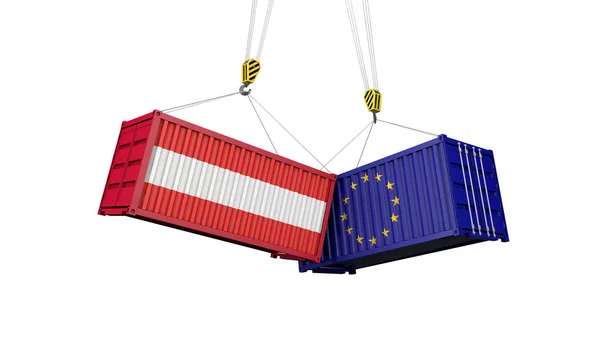 オーストリアとヨーロッパの貿易戦争の概念。貨物コンテナを衝突させる。3D レンダリング — ストック写真