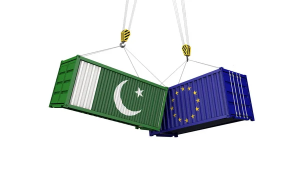 Pakistan ed Europa concetto di guerra commerciale. Scontro container cargo. Render 3D — Foto Stock