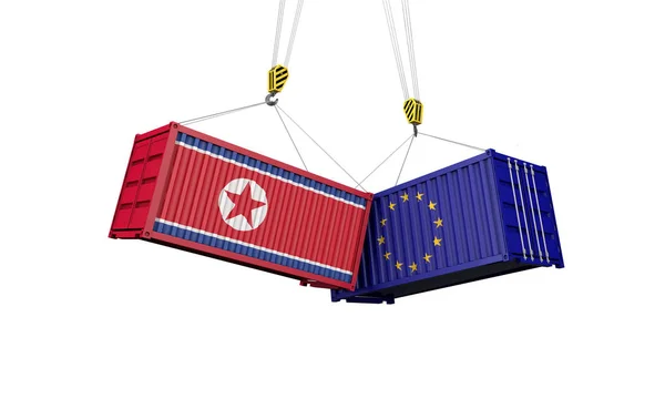 北朝鮮とヨーロッパの貿易戦争の概念。貨物コンテナを衝突させる。3D レンダリング — ストック写真
