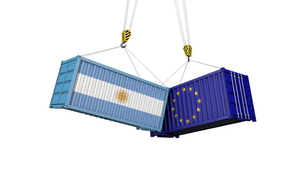 Argentinië en Europa Trade War concept. Clashing Cargo containers. 3D renderen — Stockfoto