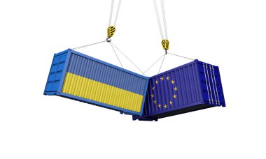 Ukrayna ve Avrupa ticaret savaşı kavramı. Çatışan kargo konteynerleri. 3d Render