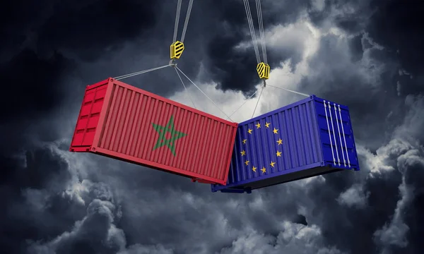 Morocco and europe trade war concept. Clashing cargo containers. 3D Render