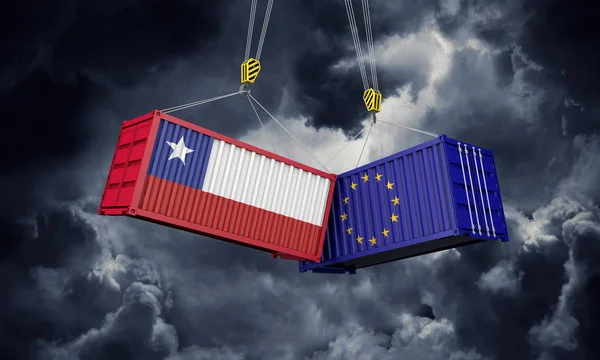 Chile und Europa Handelskriegskonzept. Kollidierende Frachtcontainer. 3D-Darstellung — Stockfoto