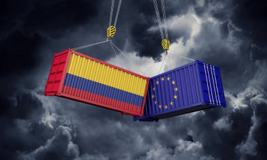 Kolombiya ve Avrupa ticaret savaşı kavramı. Çatışan kargo konteynerleri. 3d Render