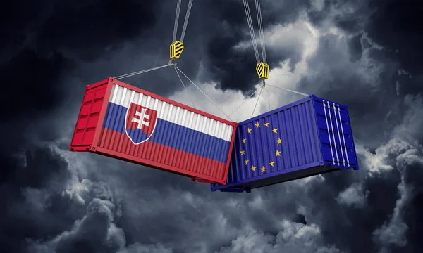 Slovakia and europe trade war concept. Clashing cargo containers. 3D Render