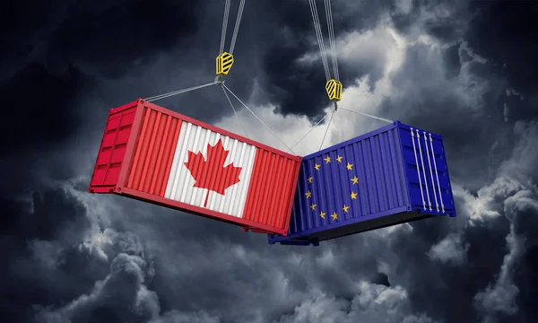 Canada and europe trade war concept. Clashing cargo containers. 3D Render