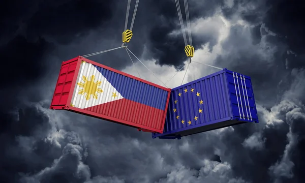 Philippines and europe trade war concept. Clashing cargo containers. 3D Render