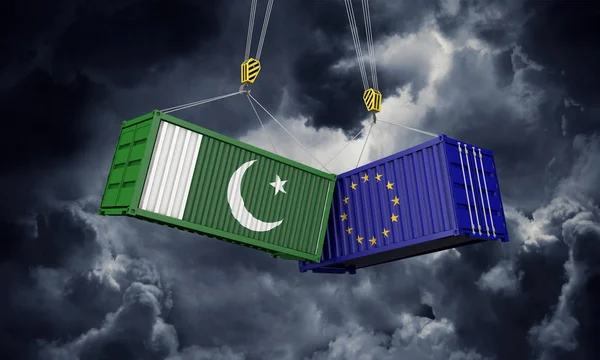 Pakistan and europe trade war concept. Clashing cargo containers. 3D Render
