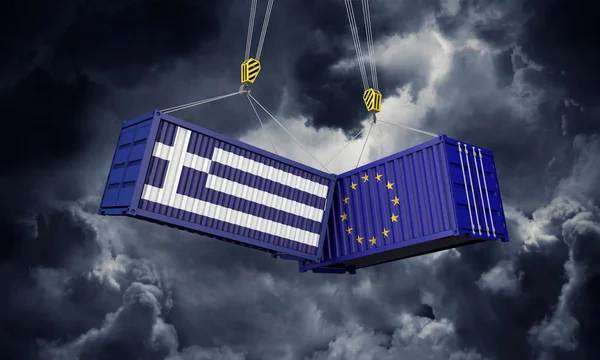 Greece and europe trade war concept. Clashing cargo containers. 3D Render