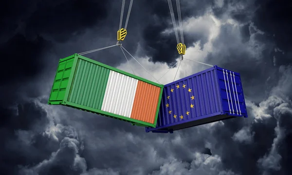 Ireland and europe trade war concept. Clashing cargo containers. 3D Render