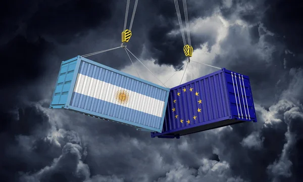 Argentina e Europa conceito de guerra comercial. Confronto com contentores. Renderização 3D — Fotografia de Stock