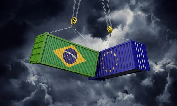 Brazil and europe trade war concept. Clashing cargo containers. 3D Render