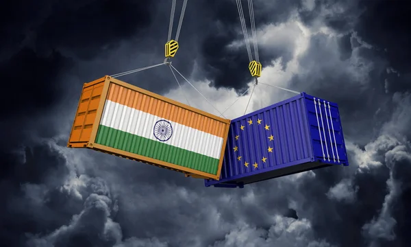 L'Inde et l'Europe concept de guerre commerciale. Conteneurs de fret en collision. Expéditeur 3D — Photo