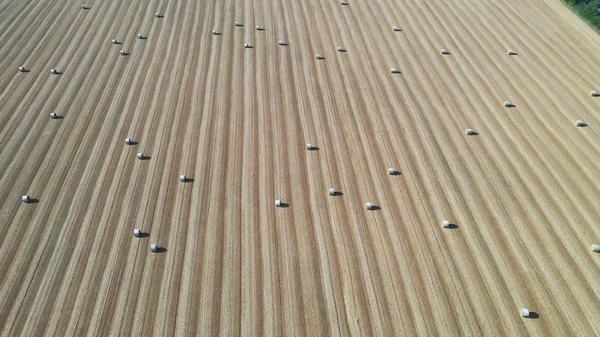 Aerial view over rural landscape. Hay bales in a farm field on a sunny day — Stock Photo, Image