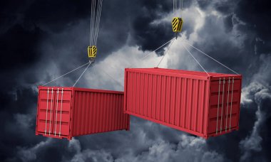 Kara bulutlara karşı vinçten sarkan nakliye konteynerleri. 3d Render