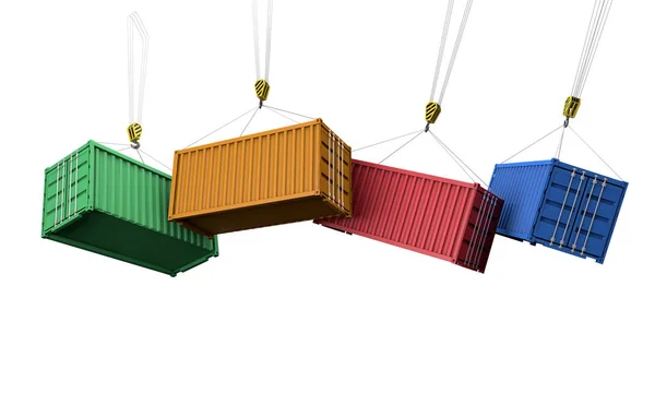 Schiffscontainer hängen an einem Kran. Business Delivery Comcept. 3D-Darstellung — Stockfoto