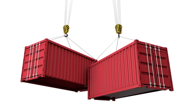 Schiffscontainer hängen an einem Kran. Business Delivery Comcept. 3D-Darstellung — Stockfoto