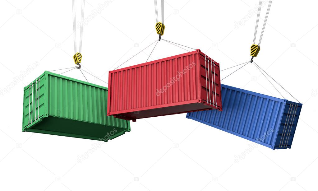 Shipping containers hanging from a crane. Business delivery comcept. 3D Render