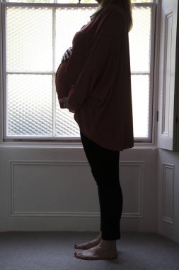 Pencerenin önünde duran prgnant bir kadının silueti