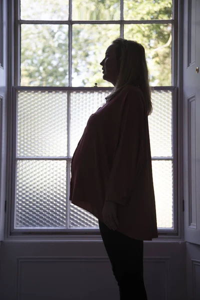Silhouette di una donna prgnant in piedi davanti a una finestra — Foto Stock