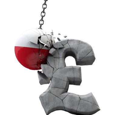 Polonya topu bir pound sterlin sembolü parçalıyor. İngiltere ekonomisi. 3d Render