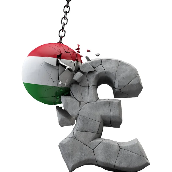 Der ungarische Ball zerschmettert ein Pfund Sterling-Symbol. Die britische Wirtschaft. 3D-Darstellung — Stockfoto