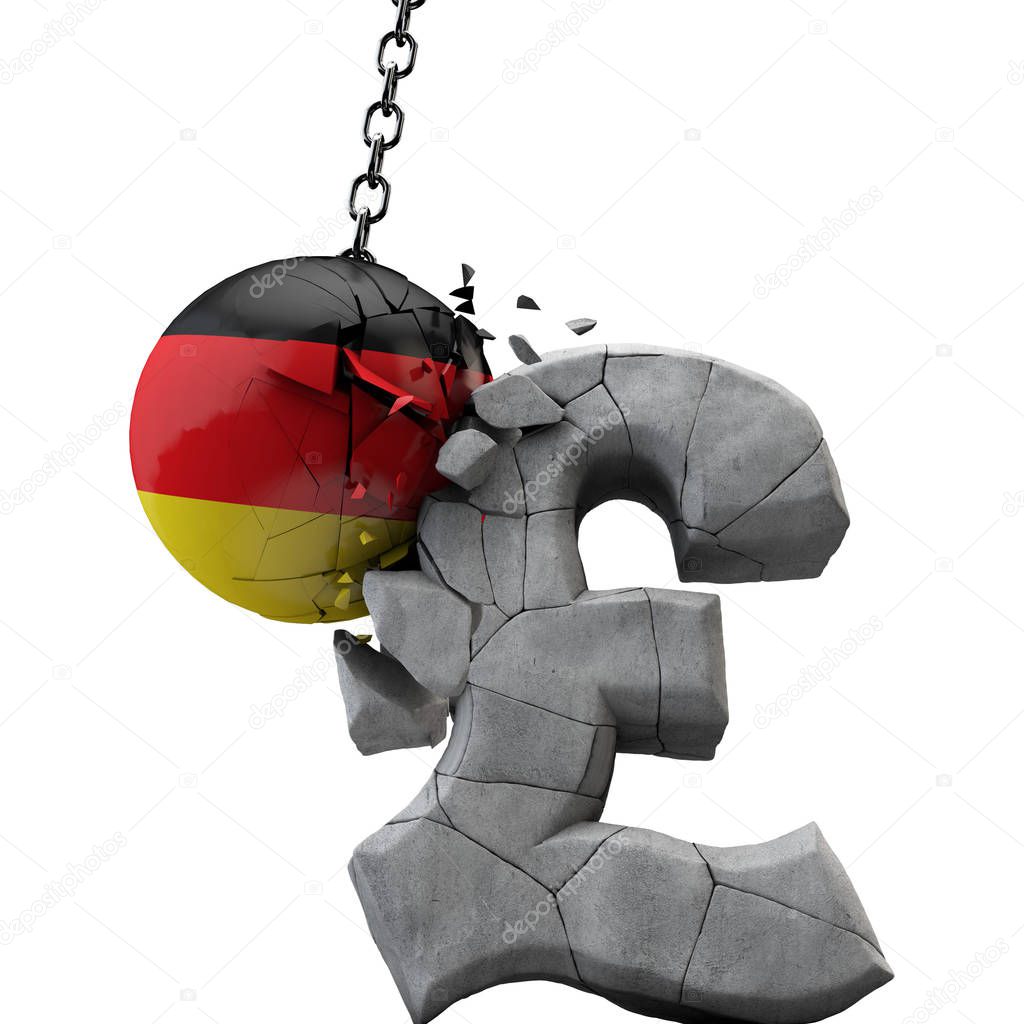Germany ball smashing a pound sterling symbol. UK economy. 3D Render