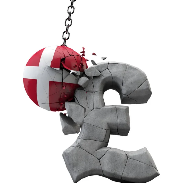 Dinamarca bola rompiendo un símbolo de la libra esterlina. Economía británica. Renderizado 3D —  Fotos de Stock
