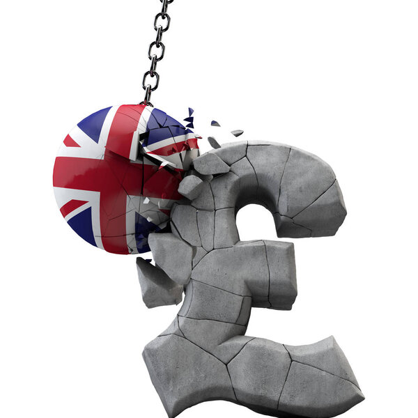 Британский мяч разбивает фунтовый символ фунта стерлингов. Экономика Великобритании. 3D Render
