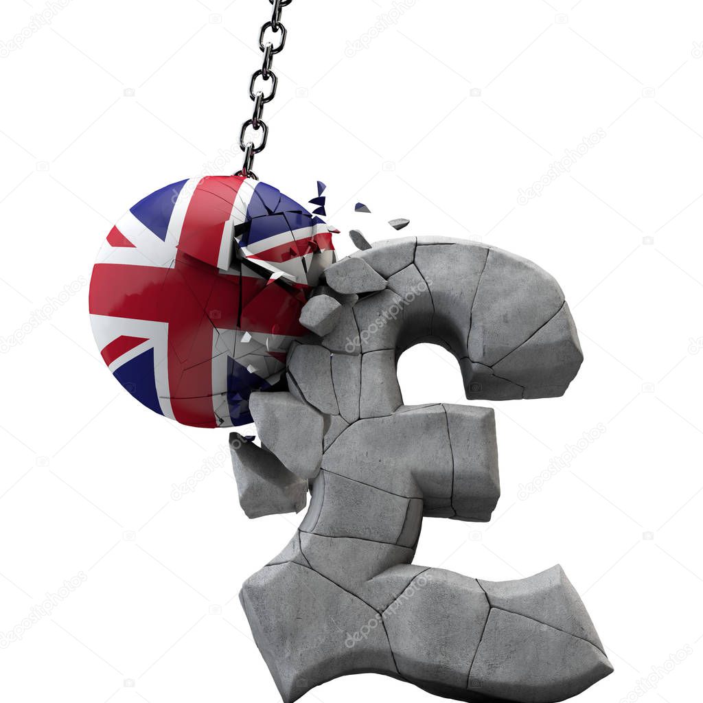 UK ball smashing a pound sterling symbol. UK economy. 3D Render