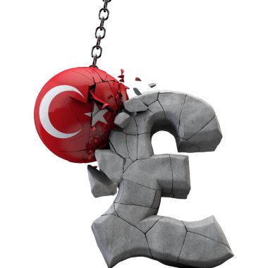 Hindi topu bir pound sterlin sembolü parçalıyor. İngiltere ekonomisi. 3d Render