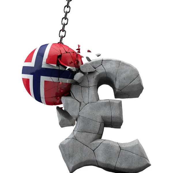 Norwegia piłkę Smashing symbol funta szterlinga. Gospodarki Wielkiej Brytanii. Renderowanie 3D — Zdjęcie stockowe