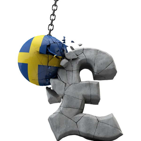 Sweden ball smashing a pound sterling symbol. UK economy. 3D Render — Stock Photo, Image