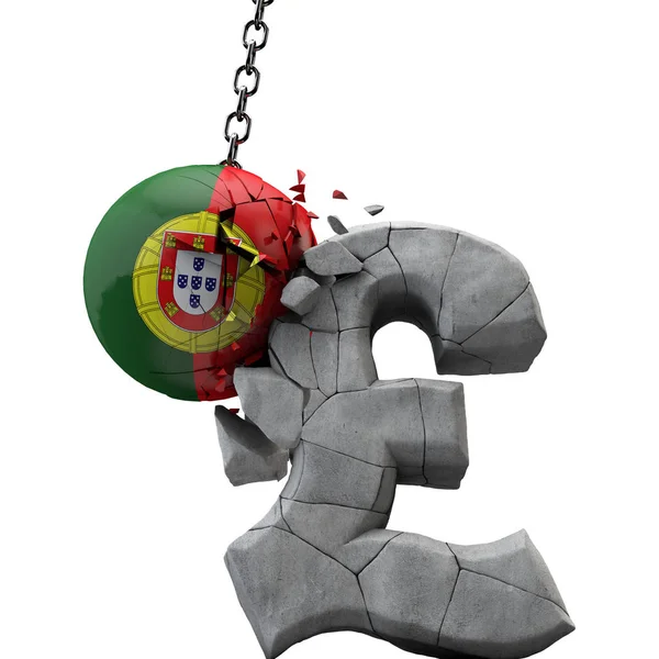 Portugal bola esmagando um símbolo libras esterlinas. Economia do Reino Unido. Renderização 3D — Fotografia de Stock