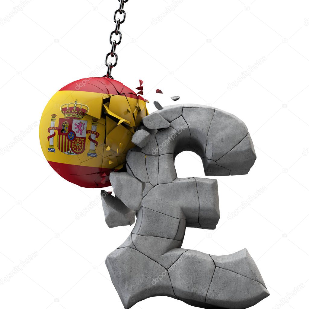 Spain ball smashing a pound sterling symbol. UK economy. 3D Render