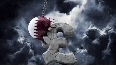 Katar topu bir pound sterlin sembolü parçalıyor. İngiltere ekonomisi. 3d Render