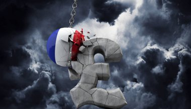 Fransa topu bir pound sterlin sembolü parçalıyor. İngiltere ekonomisi. 3d Render