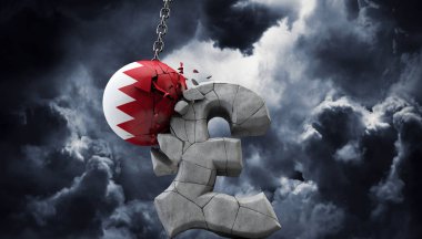 Bahreyn topu bir pound sterlin sembolü parçalıyor. İngiltere ekonomisi. 3d Render