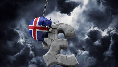 İzlanda topu bir pound sterlin sembolü parçalıyor. İngiltere ekonomisi. 3d Render