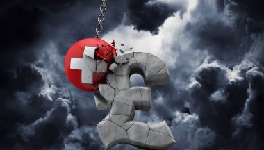 İsviçre topu bir pound sterlin sembolü parçalıyor. İngiltere ekonomisi. 3d Render