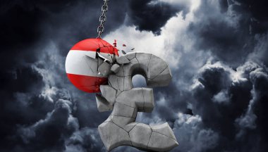 Avusturya topu bir pound sterlin sembolü parçalıyor. İngiltere ekonomisi. 3d Render