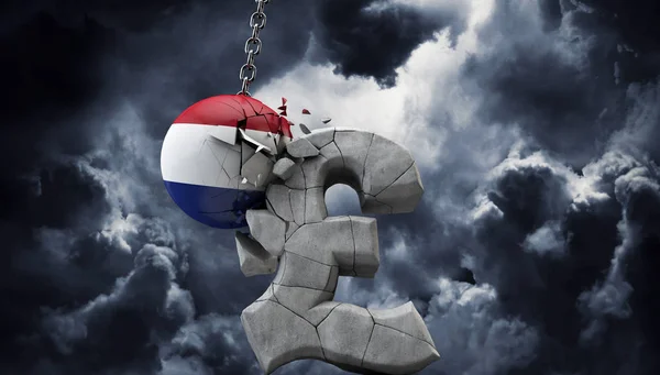Bola holandesa rompiendo un símbolo de la libra esterlina. Economía británica. Renderizado 3D —  Fotos de Stock