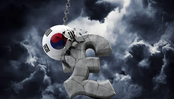 South Korea ball smashing a pound sterling symbol. UK economy. 3D Render