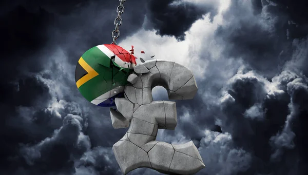 South Africa ball smashing a pound sterling symbol. UK economy. 3D Render