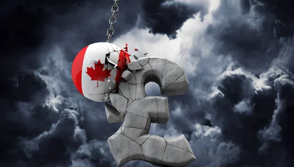 Canada ball smashing a pound sterling symbol. UK economy. 3D Render