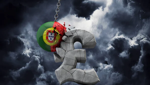 Πορτογαλία μπάλα σπάσιμο ένα κιλό στερλίνας σύμβολο. Οικονομία του Ηνωμένου Βασιλείου. Απόδοση 3D — Φωτογραφία Αρχείου