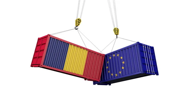 Conceito de guerra comercial na Roménia e na Europa. Confronto com contentores. Renderização 3D — Fotografia de Stock